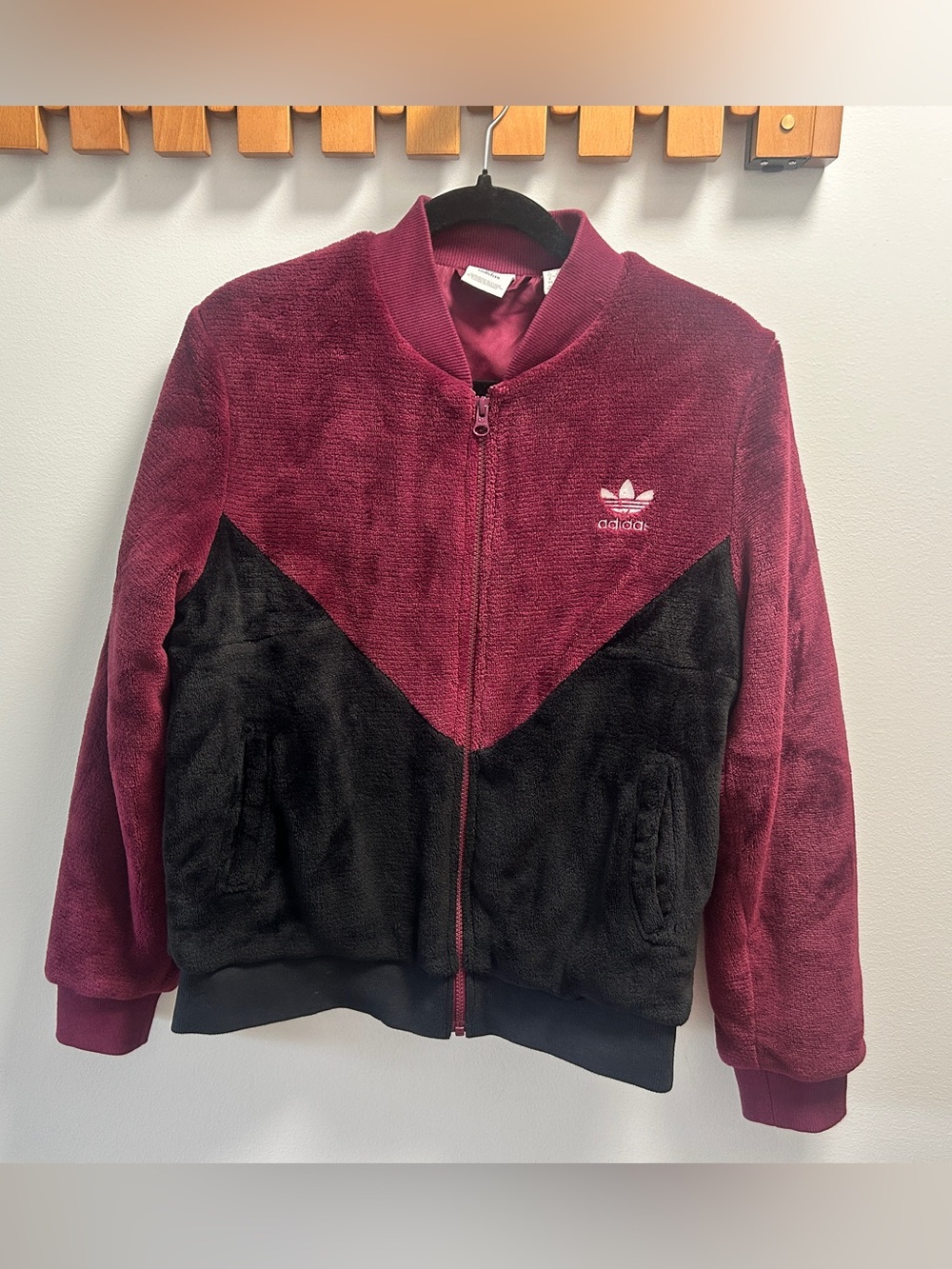 adidas Burgundy and Black Teddy Zip Bomber Jacket